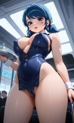 ai_generated blue_eyes blue_hair cameltoe chloenette69 disney disney_channel erect_nipples_under_clothes eyebrows eyelashes eyeliner eyeshadow flight_attendant_uniform g-string ladybug_(character) large_ass large_breasts lipstick looking_at_viewer marinette_cheng marinette_dupain-cheng miraculous:_tales_of_ladybug_and_cat_noir miraculous_ladybug standing thick_thighs twintails