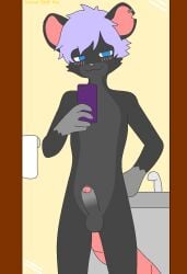 2024 anthro bathroom biped blue_eyes blush ear_piercing electronics erection flat_colors foreskin genitals gradient_penis grey_nose grey_paws hair hand_behind_back hi_res holding_object holding_phone humanoid_genitalia humanoid_penis jaxsonbellfox kai_(jaxsonbellfox) looking_at_viewer male mammal mirror_selfie murid murine notched_ear penis phone piercing purple_hair rat rat_ears rat_tail rodent selfie sink smug_expression solo standing tail towel watermark