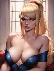 1girls ai_generated big_breasts blonde_hair cleavage dress eyelashes eyeliner eyeshadow female huge_breasts long_hair ponytail samus_aran seductive shytie tight_clothing