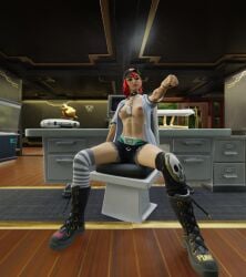 breasts breasts_out choker clothed clothed_female clothing dusty_(fortnite) female female_only fist_clenched fortnite hand_out hat kfc_(artist) looking_down looking_down_at_viewer mostly_clothed mostly_clothed_female office open_clothes open_clothing partially_clothed partially_clothed_female public public_nudity solo solo_female tattoo tattoos