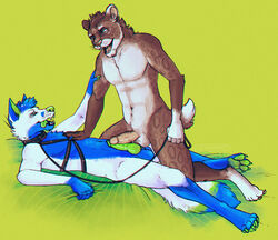 2016 anthro balls blue_fur blue_hair bondage bound brown_eyes canine chest_tuft circumcised claws dayoon_(character) domination duo erection fekkri_talot frottage fur gloves_(marking) green_eyes green_nose hair humanoid_penis jeanwoof knot male male_domination mammal markings multicolored_body multicolored_fur nude on_top orgasm pawpads paws penis pink_penis sex side_view smile spots spotted_fur teeth tongue tuft vein whiskers wolf yaoi