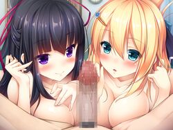 2girls bangs black_hair blonde_hair blush bow breasts censored folded_ponytail game_cg green_eyes hair_ornament hair_ribbon hair_twirling hairbow hairclip half_updo kamijou_shiori kawanaka_moeka long_hair looking_at_viewer mosaic_censoring multiple_girls nude parted_lips penis penis_awe ponytail purple_eyes ribbon rozea_(graphmelt) smile sweat tied_hair tsukiyo_no_mura