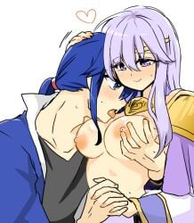 1boy blue_eyes blue_hair blush breasts brother_and_sister circlet female female_focus fire_emblem fire_emblem:_genealogy_of_the_holy_war grabbing_another's_breast groping holding_hands human human_only incest julia_(fire_emblem) large_breasts licking licking_breast light-skinned_female light-skinned_male light_skin long_hair male male/female nintendo nipples ponytail purple_eyes purple_hair seliph_(fire_emblem) siblings smile topless yukia_(firstaid0)