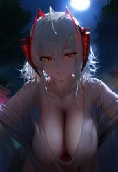 attached big_breasts cleavage grinning_at_viewer horny_female hug looking_at_viewer love moonlight red_eyes w_(arknights)