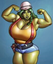 1girls belt braid braided_hair buff construction_worker costume denim denim_shorts female female_only flexing flexing_arms flexing_muscles fully_clothed green_eyes green_hair green_skin helmet huge_breasts huge_thighs hulk_(series) jennifer_walters looking_at_viewer marvel marvel_comics muscles muscular muscular_female not_porn ph raised_arm sfw she-hulk solo solo_female