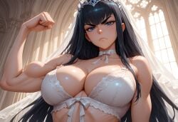 2025 ai_generated angry angry_expression angry_eyes angry_face arrogant biceps big_breasts black_hair blue_eyes bridal_lingerie bridal_veil bride busty church cleavage curled_fingers death_by_snoo_snoo disdain dominant dominant_female femdom flexing flexing_bicep frown frowning frowning_at_viewer glaring glaring_at_viewer huge_breasts kill_la_kill kiryuuin_satsuki long_hair looking_at_viewer mommy mommy_dom mommy_kink muscular muscular_female ribbon ribbon_choker ribbons squiglydx thick_eyebrows tiara