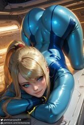 ai_generated ass_up big_ass blonde_hair blue_eyes bodysuit female female_focus female_only looking_at_viewer metroid nintendo ponytail samus_aran skin_tight skindentation smile stable_diffusion thick_thighs wide_hips winterzone zero_suit zero_suit_samus