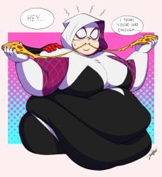 1boy 1girls bbw eating eating_food fat female female_focus female_only hand_on_shoulder jeetdoh marvel miles_morales obese obese_female overweight overweight_female pizza spider-gwen spider-man spider-man_(series) spiderverse ssbbw white_background