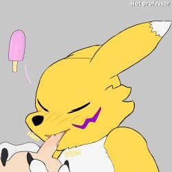 1:1 anthro bandai_namco bodily_fluids canid canine dessert digimon digimon_(species) duo fellatio female food genitals hi_res hot_professor human ice_cream male male/female mammal oral penile penis renamon saliva sex simple_background