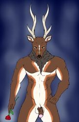 artist_request aura cervine deer flower hi_res male male_only mammal muscular penis pinup plant pose rose thunderstag