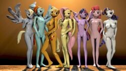 2016 3d absurd_res anthro anthrofied applejack_(mlp) breasts cutie_mark derpy_hooves earth_pony equine feathered_wings feathers female fluttershy_(mlp) friendship_is_magic group hair hi_res horn horse mammal mane_six_(mlp) multicolored_hair my_little_pony nipples nude pegasus pink_hair pinkie_pie_(mlp) pony princess_twilight_sparkle_(mlp) pussy rainbow_dash_(mlp) rainbow_hair rarity_(mlp) simple_background sir_sfm small_breasts smile smooth_skin source_filmmaker twilight_sparkle_(mlp) unicorn wings