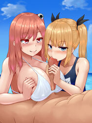 1boy 2girls abs assisted_fellatio bare_shoulders bell bikini bikini_top black_ribbon blonde_hair blue_eyes blue_sky blue_swimsuit blush breast_squeeze breasts censored cleavage closed_mouth cloud collarbone day dead_or_alive fellatio fellatio_through_another's_paizuri ffm_threesome hair_bell hair_ornament hair_ribbon highres honoka_(doa) horizon jingle_bell large_breasts lying marie_rose mosaic_censoring multiple_girls nude ocean on_back one-piece_swimsuit oral paizuri paizuri_under_clothes penis pink_hair precum raseruta red_eyes ribbon sky small_breasts smile swimsuit teamwork threesome water white_bikini