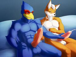 2016 anthro avian balls beak bird black_nose blue_feathers canine cum duo erection falco_lombardi feathers fox fox_mccloud fur male mammal masturbation nintendo penis sex star_fox teeth tyroo video_games yaoi