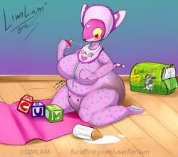 alien anthro big_breasts bottle breasts bulge cuddly cute diaper english_text feces female furaffinity limlam messy messy_diaper milk onesie overweight pacifier slightly_chubby solo text topa url voluptuous wet