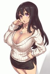 animated arched_back black_hair blush boots bra_strap breasts cleavage cross cross_necklace female foreshortening hands_on_hips hands_on_own_face houten houtengeki jewelry large_breasts long_hair looking_at_viewer necklace open_mouth original perspective purple_eyes ribbed_sweater rough skirt solo standing stroke_(animator) sweater viewed_from_above