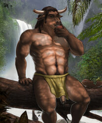 1boy 2015 5_fingers abs anthro biceps black_hair body_hair bovine bowl braided_hair broken_horn brown_fur cattle clothed clothing detailed_background eating food fruit fruit_bowl fur hair happy_trail horn humanoid_penis jungle kintar log loincloth male male_only mammal muscular muscular_male nipples outside pecs penis photo_background poking_out precum rov signature sitting solo tail_tuft teeth topless tuft uncut water waterfall wood