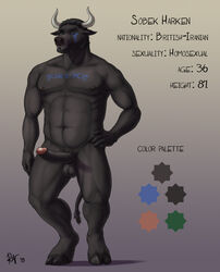 1boy 2015 abs anthro balls beard biceps black_balls black_fur black_hair black_nipples black_penis blinkblinkblink bovine cattle english_text erection facial_hair facial_markings front_view full-length_portrait fur gradient_background green_eyes hair hand_on_hip homosexual hooves horn humanoid_penis looking_at_viewer male male_only mammal markings mature_male model_sheet muscular muscular_male navel nipples nude pecs penis portrait rov signature simple_background sobek_harken solo standing stated_homosexuality tail_tuft tattoo text tuft