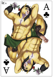 2015 5_fingers abs ace_of_clubs animal_genitalia animal_penis anthro armpits balls biceps big_penis black_fur black_hair blue_eyes card clothed clothing equine equine_penis flexing flower hand_behind_head horse horsecock loincloth looking_at_viewer male male_only mammal medial_ring multicolored_fur muscles muscular_male navel pecs penis plant playing_card pose precum rose rov signature simple_background solo suit_symbol tenting topless vein veiny_penis white_background white_fur yellow_fur