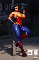 1futa balls big_breasts big_penis black_hair breasts bulge clothed clothing dc dc_comics detailed_background diana_prince dmitrys erection full_body fully_clothed futa_only futanari human intersex large_breasts light-skinned_futanari light_skin long_hair muscles muscular muscular_futanari penis prostitute prostitute_futanari smoking solo spandex standing toned wonder_woman wonder_woman_(series)