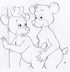 anthro bear bongo_(fun_and_fancy_free) disney female from_behind_position fun_and_fancy_free fur hair half-closed_eyes hat headgear hip_grab lulubelle male mammal monochrome open_mouth rough_sketch sex sketch smile standing straight tree unknown_artist