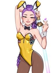 1girl 1girls 2026 2d alluring alternate_costume asian asian_female black_bowtie blush blushypixy blushyspicy bowtie braided_hair braided_ponytail bunny_ears bunnysuit clothed ear_piercing earrings eyes_half_open female finger_heart heart kpop_demon_hunters purple_hair ring rumi_(kpop_demon_hunters) seductive seductive_look simple_background smile tagme white_background