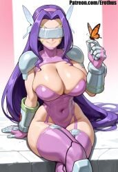 1girl ai_generated breasts bug butterfly butterfly_hair_ornament butterfly_on_hand cleavage covered_eyes covered_navel crossed_legs digimon digimon_frontier erothus facial_mark fairimon garter_straps gauntlets gloves hairband head-mounted_display kazemon large_breasts leotard long_hair purple_hair purple_thighhighs sitting smile solo thighhighs very_long_hair