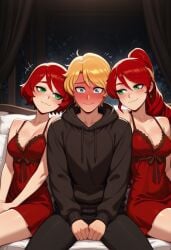 1boy 2girls ai_generated blonde_hair blue_eyes daughter green_eyes high_ponytail jaune_arc long_hair mother mother_and_daughter negligee oyakodon ponytail pyrrha's_mom pyrrha_nikos red_hair rwby short_hair tagme