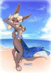 anthro beach bedroom_eyes big_breasts bikini bikini_bottom bikini_top biped breasts buckteeth bugs_bunny bulge clothed clothing crossgender detailed_bulge digital_media_(artwork) ear_piercing ear_ring eyewear feet fingers fur genital_outline glasses glistening glistening_clothing glistening_swimwear gold_bikini gold_swimwear golden_week grey_body gynomorph gynomorph_anthro hair half-closed_eyes hi_res intersex intersex_anthro lagomorph leporid looking_at_viewer looney_tunes mammal mtg_crossgender mti_crossgender narrowed_eyes penis_outline piercing pink_eyewear pink_glasses rabbit ring_piercing round_glasses sand seaside seductive sky smile solo standing swimwear tail teeth toast-arts toes two-piece_swimsuit warner_brothers water