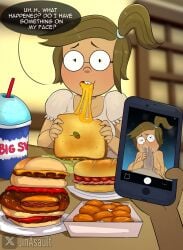 1boy 1boys 1girl 1girls 2026 blu brown_hair dialogue eileen_roberts fellatio glasses jinasault male oral phone pov regular_show tagme text