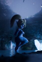 3d absurd_res areolae bahamut0 blender blonde_hair blue_body breasts cave crystal feet league_of_legends looking_at_viewer night nude partially_submerged peace_sign pigtails pointy_ears poppy shortstack smaller_female smile star tagme water waterfall yordle