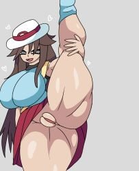 2026 2d aged_up exposed_pussy female_only ghyrer grey_eyes hat ibispaintx leaf_(pokemon) massive_breasts massive_thighs pokemon red_skirt self_upload simple_background standing_on_one_leg tan_skinned_female vertical_splits