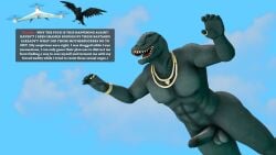 16:9 3d_(artwork) 4k abs absurd_res anthro avian balls bird cloud corvid corvus_(genus) crow digital_media_(artwork) drone drugged english_text epic_games erection eyes_closed falling falling_down fortnite genitals hi_res involuntary_erection jewelry komodo_dragon lizard male meteorsmash monitor_lizard nude nude_anthro nude_male oscine passerine pecs penis profanity reptile scalie sky solo substance_intoxication text thunder_(fortnite) unwanted_erection widescreen