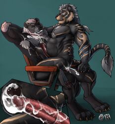 2023 anal anal_orgasm anal_penetration animal_genitalia animal_penis anthro anthro_on_anthro anthro_penetrated anthro_penetrating anthro_penetrating_anthro armpit_hair bared_teeth belly big_belly black_body black_fur black_nipples black_pawpads bodily_fluids body_hair brown_pawpads chair chest_hair cum cum_in_ass cum_inflation cum_inside cum_on_own_penis cum_on_penis cum_on_self cum_splatter cumshot cutaway dated duo ejaculation equine_genitalia equine_penis eyes_closed felid fur furniture genital_fluids genitals grey_hair hair hand_behind_head hands-free hi_res hufnaar humanoid_genitalia humanoid_penis hybrid_genitalia hybrid_penis inflation internal lion male male/male male_anthro male_penetrated male_penetrating male_penetrating_male mammal muscular muscular_anthro muscular_male nipples nude office_chair on_chair open_mouth orgasm pantherine pawpads penetration penile penile_penetration penile_spines penis penis_in_ass red_penis sex simple_background sitting sitting_on_chair tail tail_tuft teal_background teeth tuft white_hair