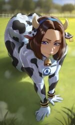 ai_generated bodysuit cow_ears cow_girl cow_print grass lanr0 place samsung_sam wet