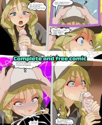baseball_cap blonde_hair blowjob blue_eyes braids comic comic_page cum cum_in_mouth deepthroat elyon_brown forced_oral hands_on_head sunnie surprised text text_bubble w.i.t.c.h.