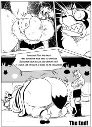 anthro ball_squeeze ballbusting balls black_and_white bloodshot_eyes bodily_fluids bulge canid canine clothed clothed_anthro clothed_male clothing cock_and_ball_torture comic cross-popping_vein crying defeated dialogue digital_drawing_(artwork) digital_media_(artwork) drooling duo_focus english_text genital_torture genitals grin group hair hatching_(art) hi_res holding_balls humiliation lying male male_anthro mammal monochrome mouse murid murine muscular muscular_male on_front overweight overweight_anthro overweight_male pain pleading_eyes public public_humiliation raccoon_dog reagan700 rodent saliva shaded shaking smile speech_bubble standing tail tanuki tears teeth text toothy_grin trembling