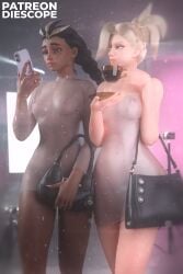 2girls 3d black_hair blizzard_entertainment blonde_hair breasts casual_exposure dark-skinned_female dark_skin diescope female female_only handbag illari_(overwatch) latina light-skinned_female light_skin mercy nipples nipples_visible_through_clothing overwatch smartphone translucent_clothing