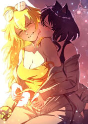 2girls blake_belladonna blonde_female blonde_hair canon_couple cherryinthesun cleavage clothed_female long_hair long_hair_female robotic_arm rwby sunglasses sunglasses_on_head yang_xiao_long