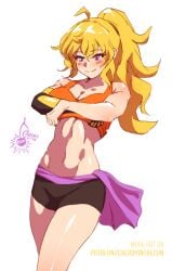 1girls blonde_female blonde_hair cherryinthesun half-dressed half_naked half_naked_female ponytail purple_eyes robotic_arm rwby solo_female tank_top tank_top_lift yang_xiao_long