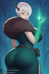1female 1girl 1girls 2026 ai_generated artist_name ass belt big_ass big_breasts breasts curvy deadlock dress earrings feather_boa fire from_behind green_dress green_eyes green_gloves hair_ornament hi_res high_quality high_resolution highres huge_ass huge_breasts jewelry lady_geist large_breasts lips looking_at_viewer looking_back magic mature_female patreon patreon_username pouch short_hair side_slit smile solo thighs unjobdespiert watermark white_hair