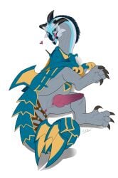 2019 animal_genitalia animal_penis anus armor black_horn blue_armor bodily_fluids claws colored curled_tail digital_drawing_(artwork) digital_media_(artwork) dinosaur dreadnought_raptor dromaeosaurid erection fangs feet feral genital_fluids genital_slit genitals gradient_penis grey_body grey_scales guild_wars headgear heart_symbol hi_res horn intersex knot knotted_penis larynkir leaking_precum licking licking_lips looking_at_viewer lying male maleherm on_side penis pink_anus precum precum_string prehistoric_species presenting presenting_penis reptile saurischian scales scalie scuted_feet scuted_legs scutes shadow signature solo spread_legs spreading straps syberfab tail tail_strap tailbutt teeth theropod tongue tongue_out yellow_eyes
