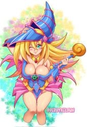 1girls 2026 big_breasts blonde_hair cheek_spots cleavage commission dark_magician_girl female female_only green_eyes hi_res konami long_hair looking_at_viewer pervyxclown smiling smiling_at_viewer solo wink winking_at_viewer yu-gi-oh!