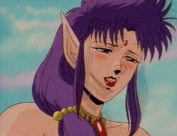 1990s_(style) 1993 1girl 1girls animated animated_gif bindi blush cheating_(relationship) demon_girl ears eganko_(youjuu_sensen_adventure_kid) female gold hair_beads hair_ornament implied_sex jewelry lipstick long_hair lowres makeup necklace pointy ponytail purple_eyes purple_hair retro_artstyle sidelocks tagme v-bangs youjuu_sensen_adventure_kid