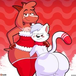 1:1 2024 angry anthro backsack balls big_butt black_nose blush bovid breasts butt caprine christmas christmas_clothing clothing dated digital_media_(artwork) dipstick_tail domestic_cat duo ear_piercing felid feline felis female floppy_ears fur genitals goat half-closed_eyes hi_res holidays horn huge_butt junipurr legwear looking_at_own_butt looking_at_viewer looking_back loonynub luna_(loonynub) male mammal markings narrowed_eyes piercing red_background red_body red_clothing red_eyes red_fur red_legwear red_stockings red_tail_tip simple_background smile stockings tail tail_markings thick_thighs white_body white_fur wide_hips