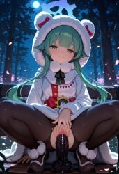 2026 ai_generated bench blue_archive blushed_face crotchless crotchless_clothes dildo_in_pussy dildo_insertion dildo_sitting forest green_eyes green_hair halo leg_up liltigerx looking_at_viewer no_panties pantyhose pussy_peek sex_toy sex_toy_in_pussy spread_legs spread_pussy spreading_pussy squatting squatting_cowgirl_position tagme thighs tight_fit tight_pussy visible_pussy