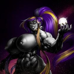 bangs clariarikari constellation constellation_markings giantess goddess greyscale grin long_hair muscular omnipotent overpowered piercing ponytail space vitra_(misonokirika)