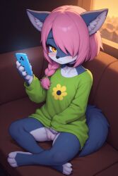 ai_generated amber_eyes anthro blue_body bottomless braided_hair canine crossed_legs female furry hair_over_one_eye phone pink_hair pussy shirt_lift sitting wolf young