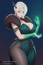 1female 1girl 1girls 2026 ai_generated armlet artist_name belt big_ass big_breasts breasts cleavage closed_mouth covered_navel curvy deadlock dress earrings elbow_gloves fishnet_pantyhose fishnets fur_trim gloves gradient gradient_background green_dress green_eyes green_gloves hair_ornament hi_res high_quality high_resolution highres huge_ass huge_breasts jewelry lady_geist large_breasts looking_at_viewer necklace pantyhose patreon patreon_username short_hair side_slit smile solo thick_thighs thighs unjobdespiert watermark white_hair
