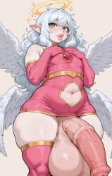 1boy absurd_res ai_generated angel angel_wings blush crotch_cutout dress elbow_gloves equine_penis feathered_wings femboy fluffy_hair gold_trim green_eyes halo hands_on_chest heart-shaped_pupils heart_gem hyper hyper_balls hyper_penis lipstick long_hair looking_at_viewer navel navel_cutout otoko_no_ko pink_dress pink_elbow_gloves pink_gloves pink_lipstick pink_thighhighs pointy_ears puckered_lips slightly_chubby solo solo_male thick_lips thick_thighs thigh_highs white_hair wide_hips