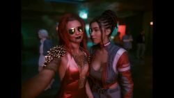 2girls club cyberpunk_2077 kissing panam_palmer posing_for_picture smiling_at_partner tagme v_(cyberpunk_2077) video
